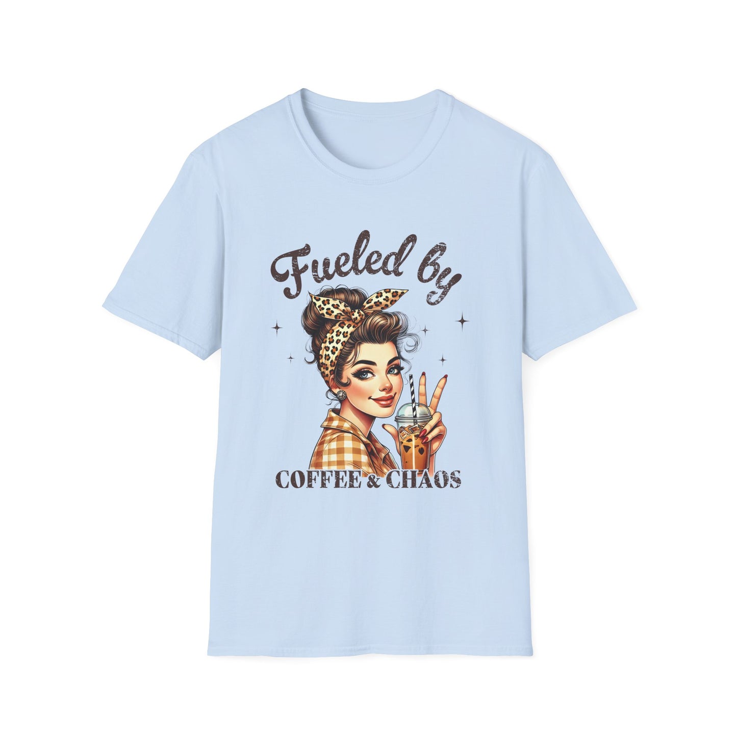Fueled by Coffee & Chaos T-Shirt — Retro Rosie Girl Coffee Lover Tee