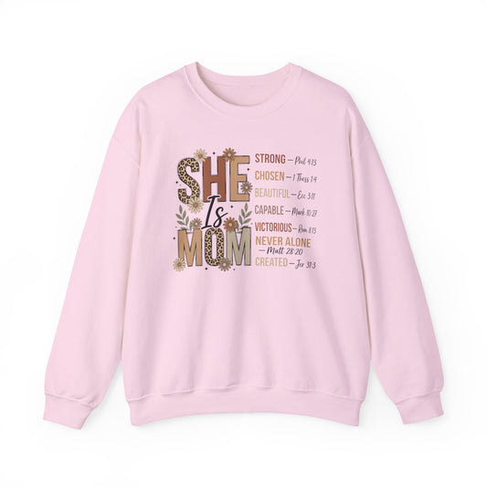 She Is Mom Inspirational Sweatshirt — Floral Faith-Based Mother's Day Gift