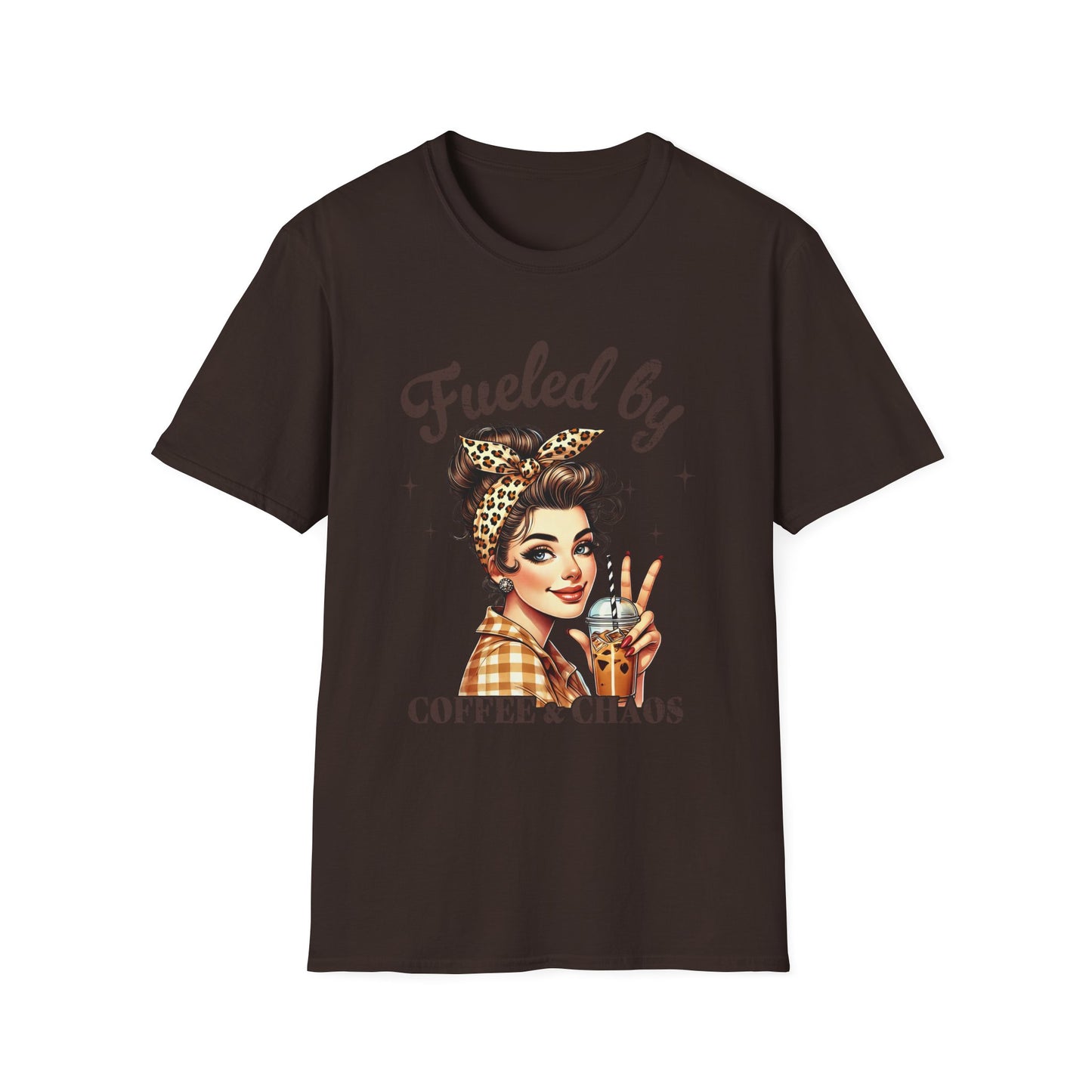 Fueled by Coffee & Chaos T-Shirt — Retro Rosie Girl Coffee Lover Tee