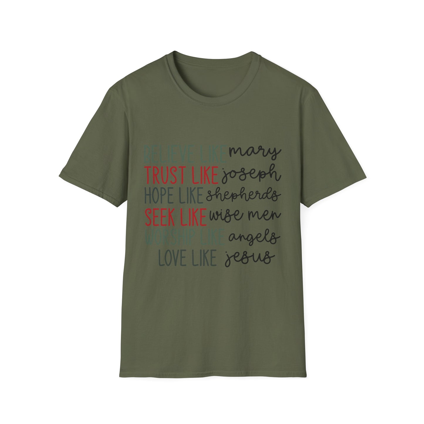 Believe, Trust, Hope Christian T-Shirt — "Believe like Mary, Trust like Joseph" Inspirational Faith Tee