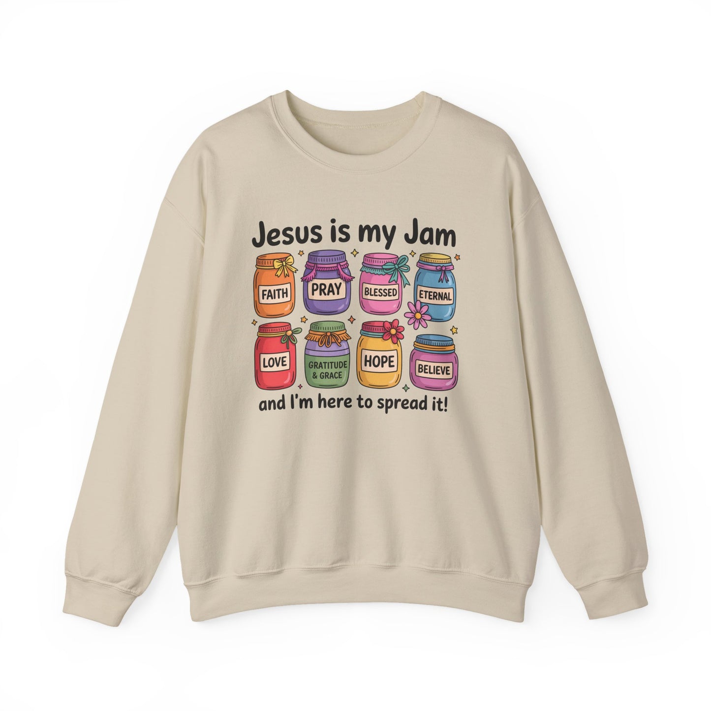 Christian Crewneck Sweatshirt — "Jesus is My Jam" Jam Jars Design