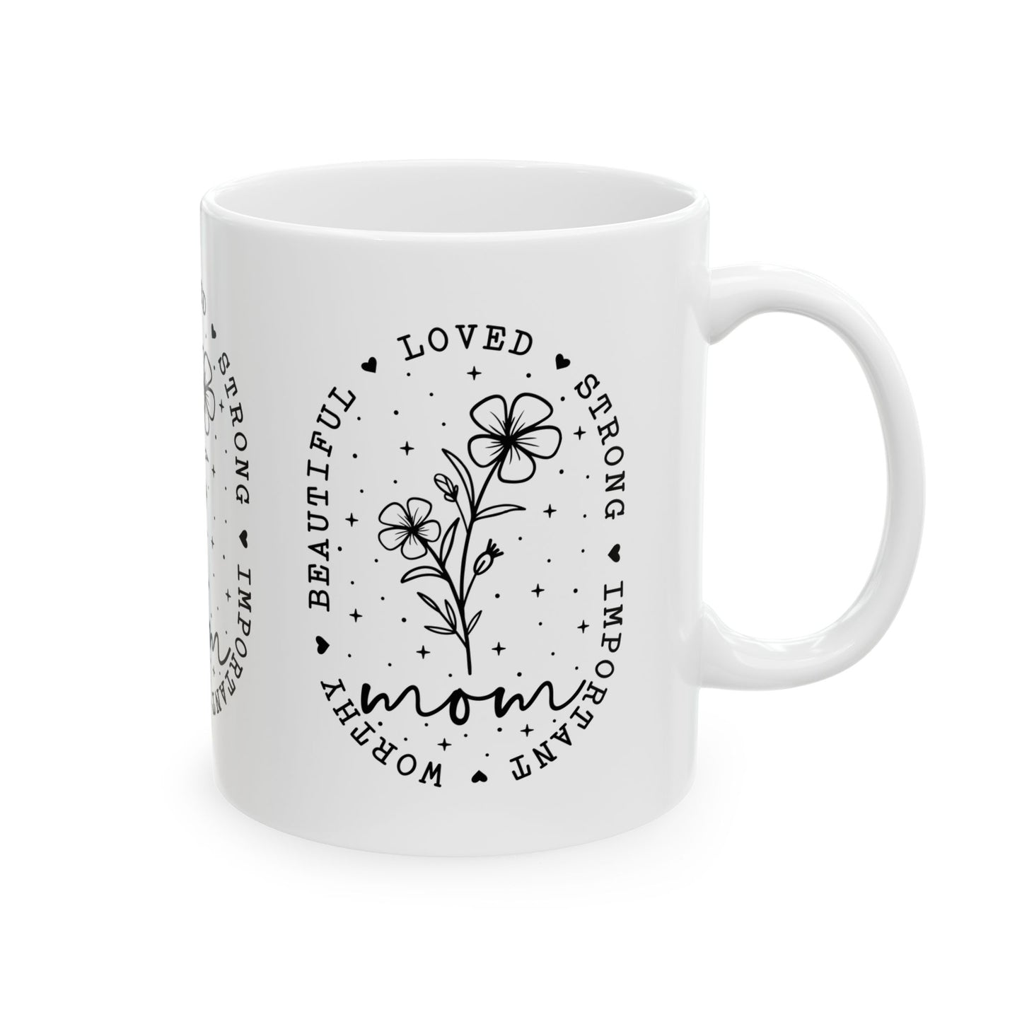 Mom Appreciation Ceramic Mug - Strong, Beautiful, Loved Design - Perfect Gift for Mother's Day