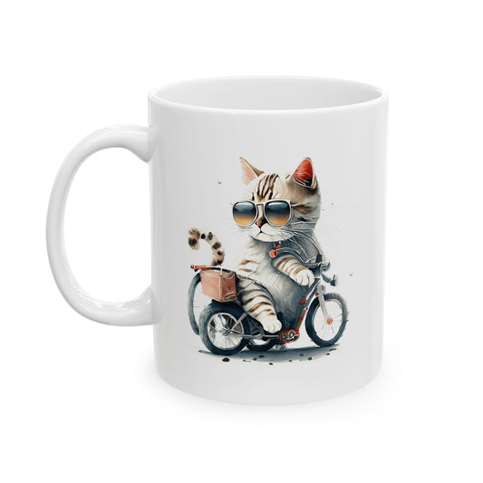 Bicycle Cat Ceramic Mug – Coffee Cup (11oz & 15oz)
