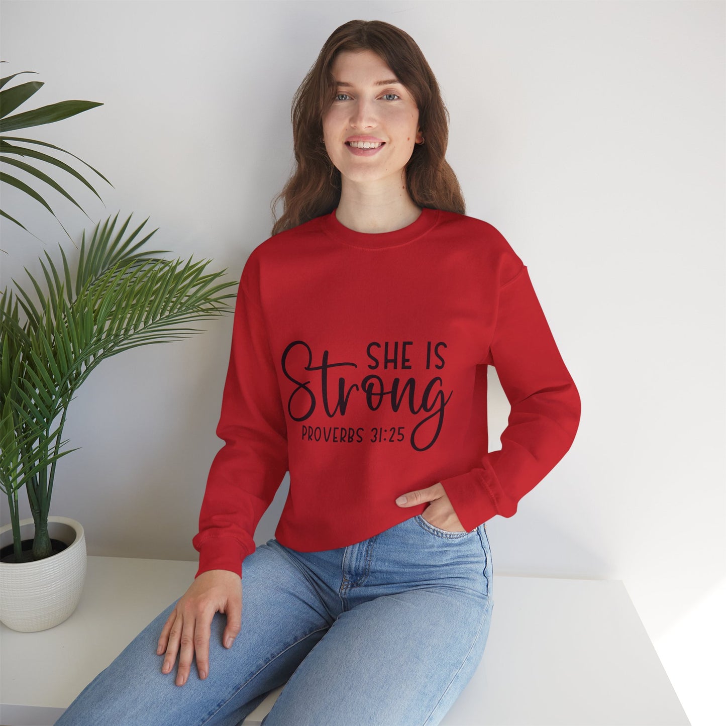 Inspirational Crewneck Sweatshirt - 'She Is Strong' Proverbs 31:25