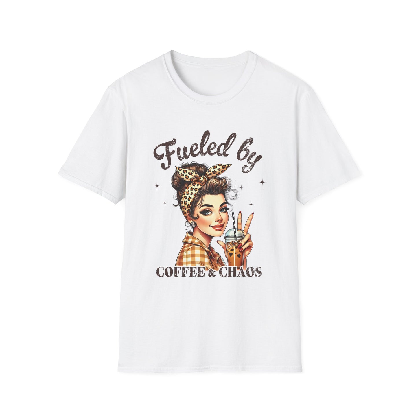 Fueled by Coffee & Chaos T-Shirt — Retro Rosie Girl Coffee Lover Tee