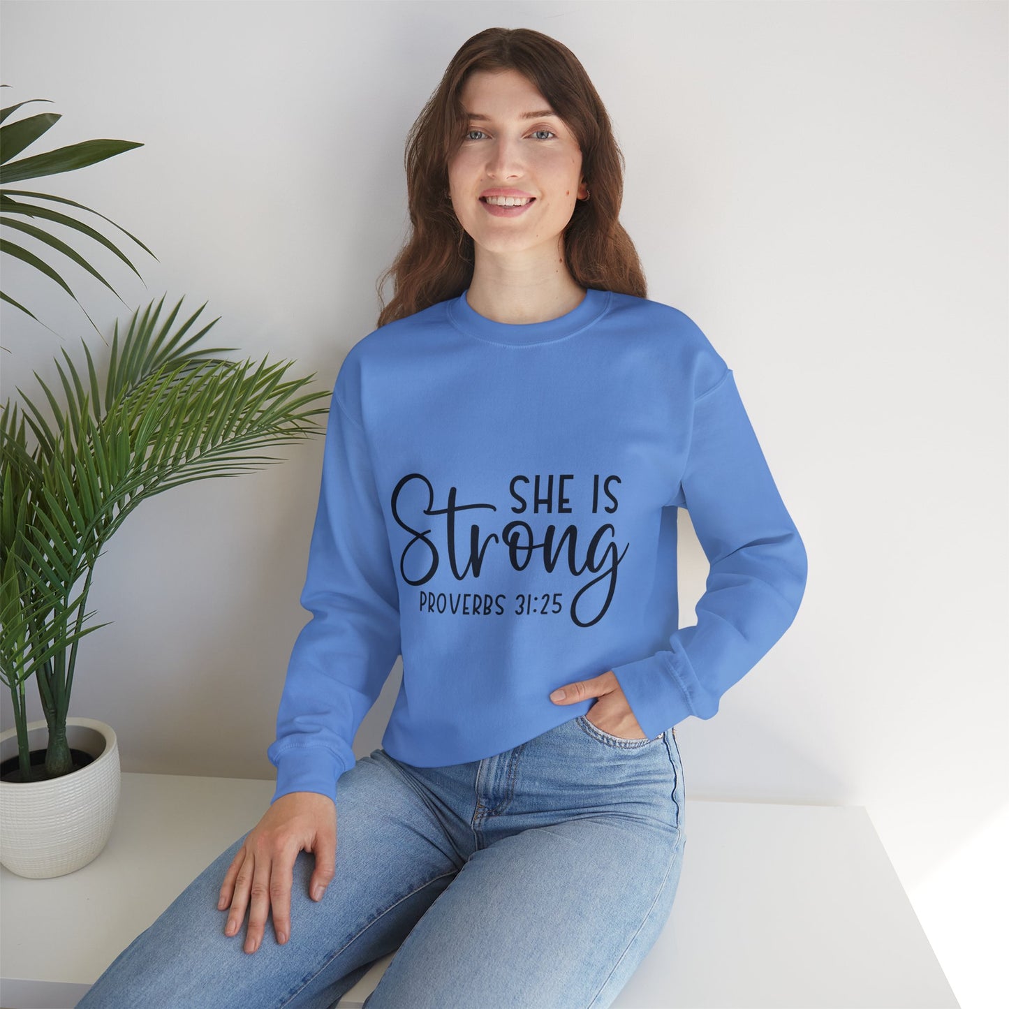 Inspirational Crewneck Sweatshirt - 'She Is Strong' Proverbs 31:25