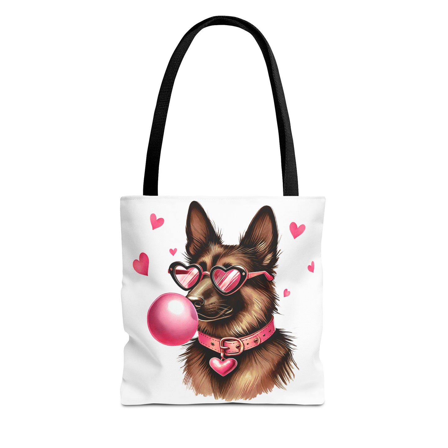 Cute German Shepherd Dog Valentine Tote Bag with Heart Sunglasses & Bubble Gum