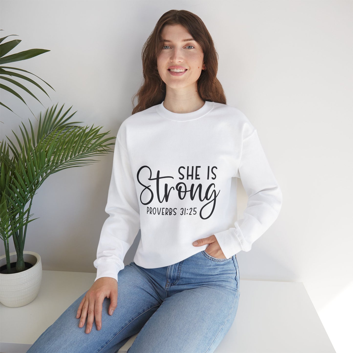 Inspirational Crewneck Sweatshirt - 'She Is Strong' Proverbs 31:25