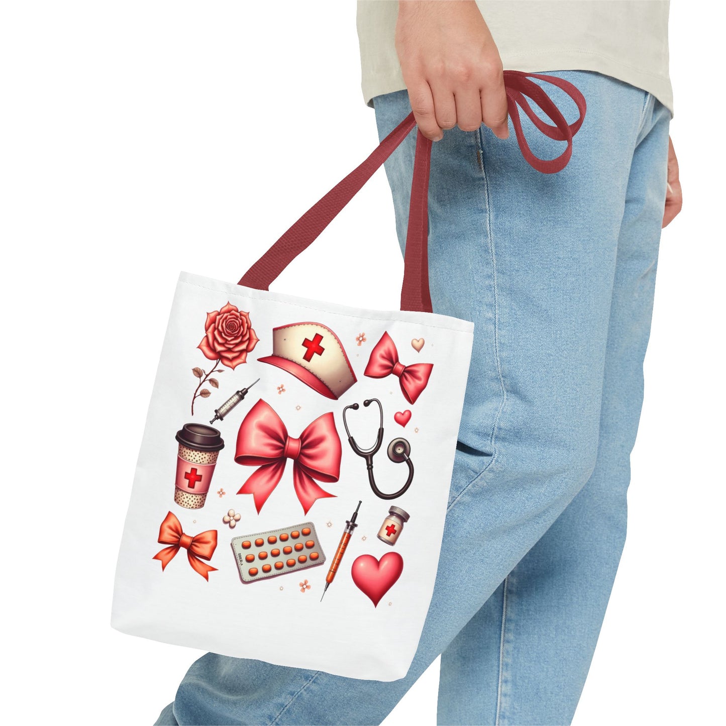 Nurse-Themed Tote Bag with Heart and Medical Designs