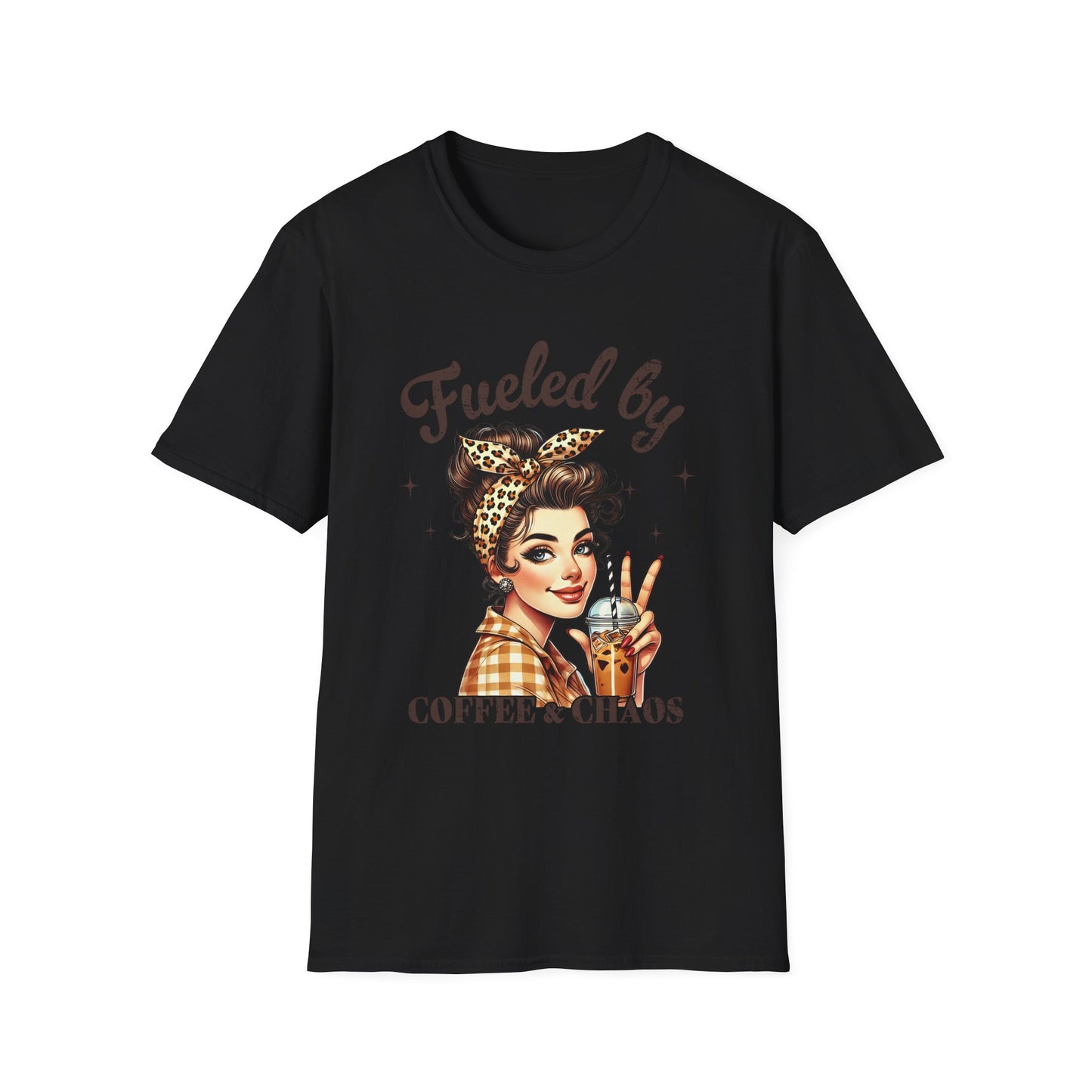 Fueled by Coffee & Chaos T-Shirt — Retro Rosie Girl Coffee Lover Tee