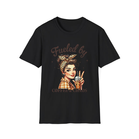 Fueled by Coffee & Chaos T-Shirt — Retro Rosie Girl Coffee Lover Tee