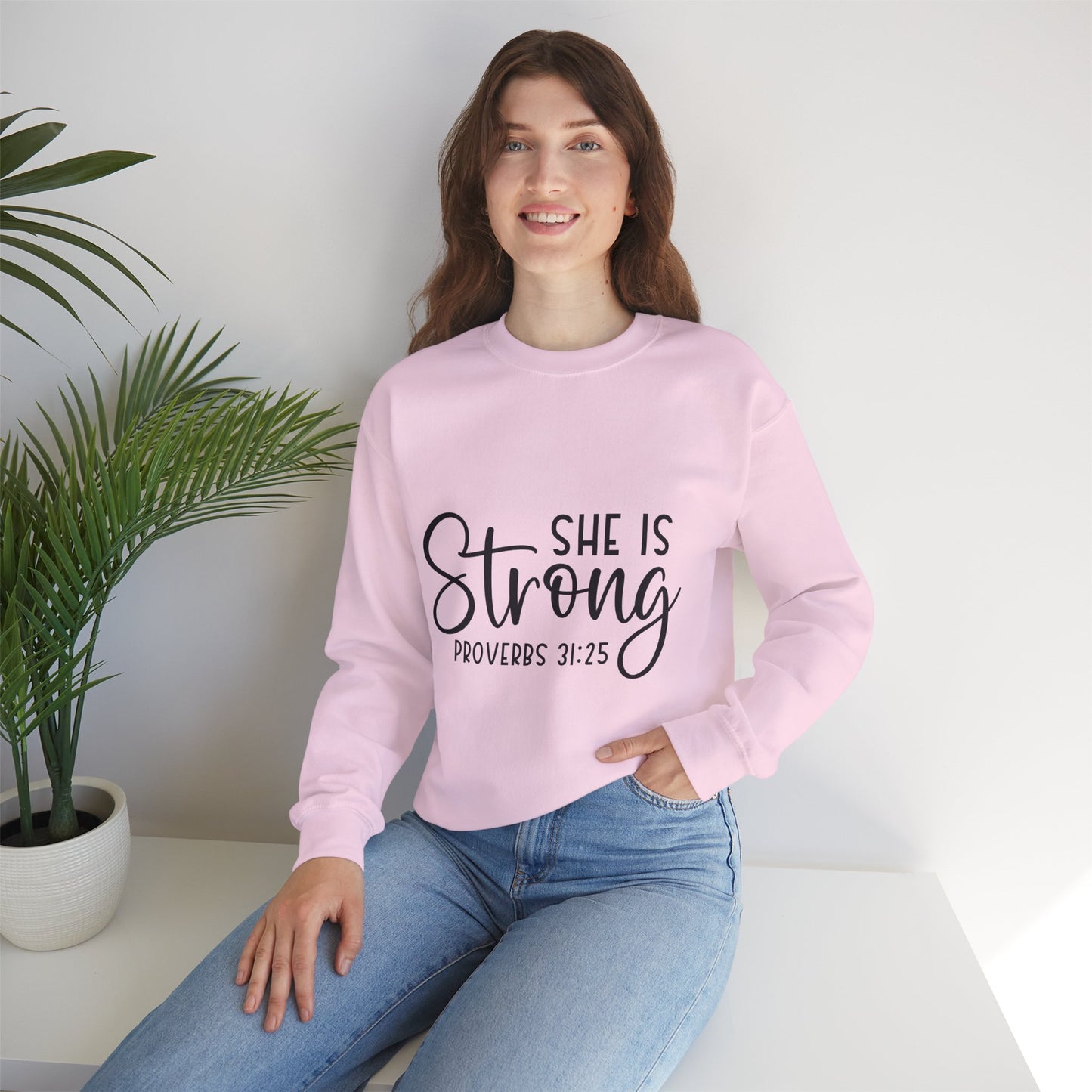 Inspirational Crewneck Sweatshirt - 'She Is Strong' Proverbs 31:25