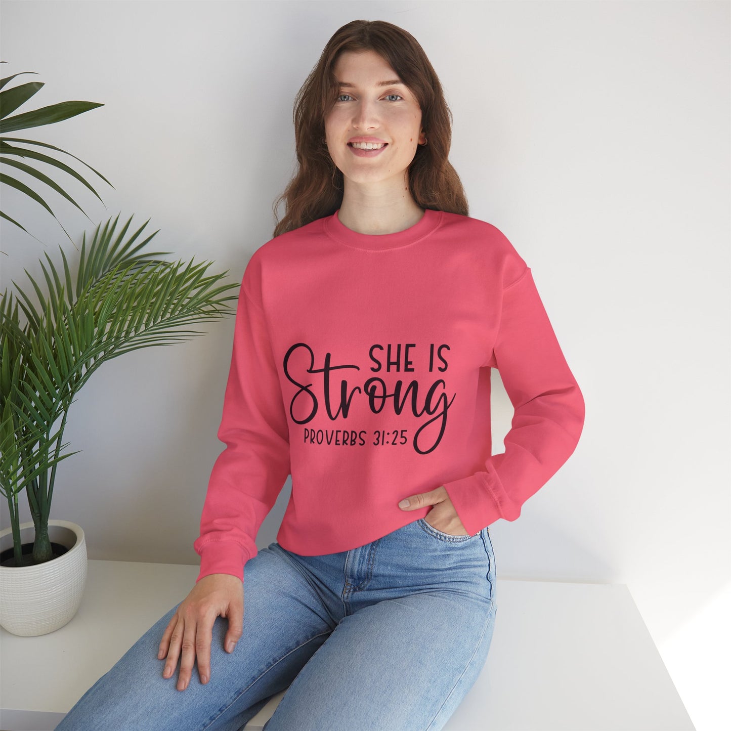 Inspirational Crewneck Sweatshirt - 'She Is Strong' Proverbs 31:25