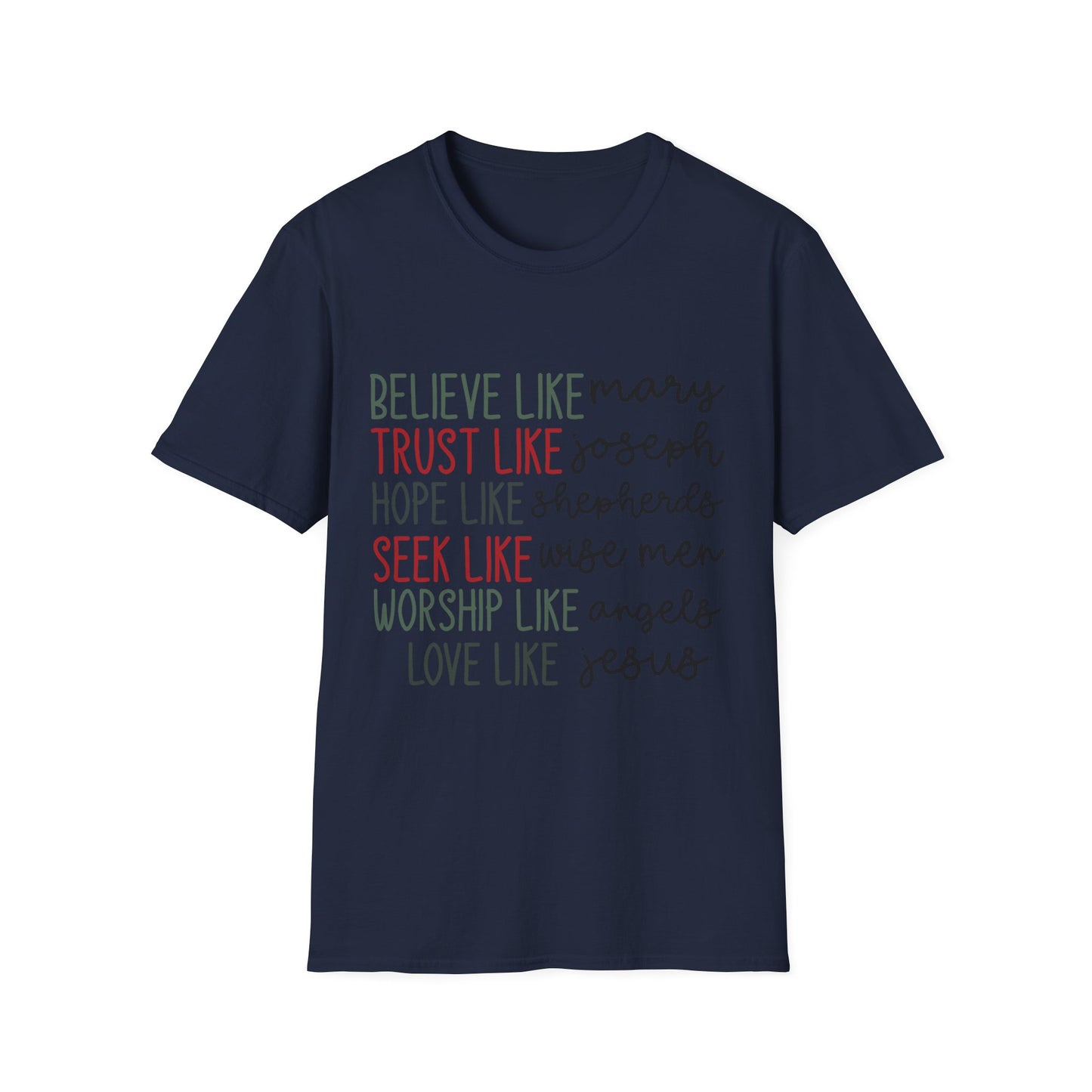 Believe, Trust, Hope Christian T-Shirt — "Believe like Mary, Trust like Joseph" Inspirational Faith Tee
