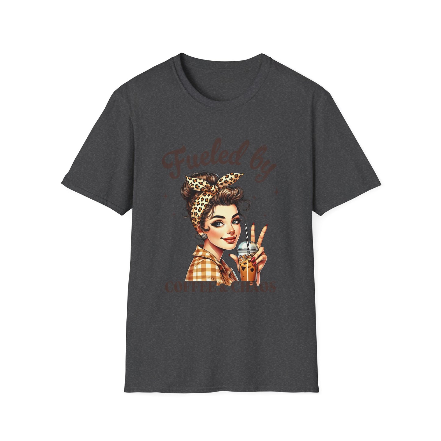 Fueled by Coffee & Chaos T-Shirt — Retro Rosie Girl Coffee Lover Tee