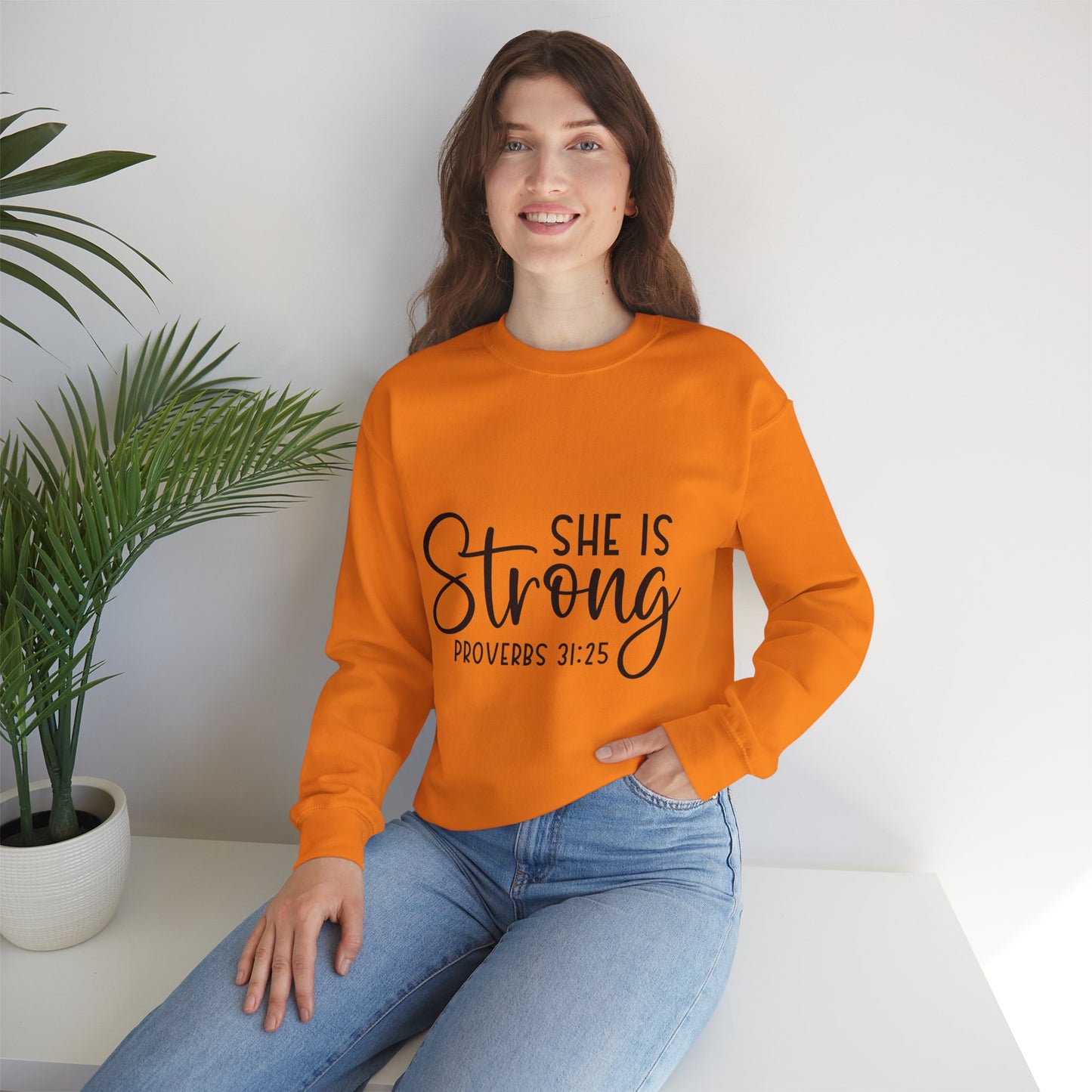 Inspirational Crewneck Sweatshirt - 'She Is Strong' Proverbs 31:25