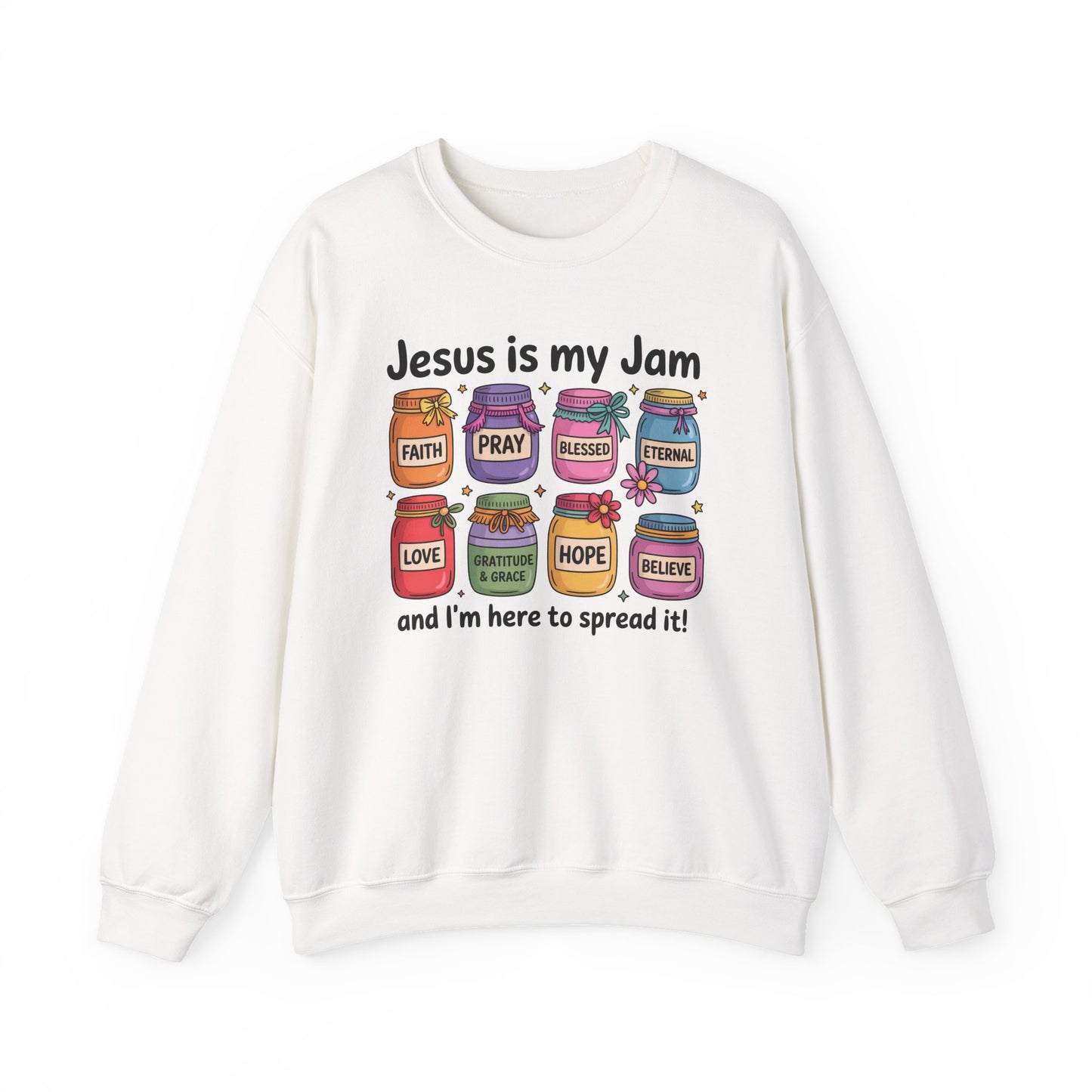 Christian Crewneck Sweatshirt — "Jesus is My Jam" Jam Jars Design