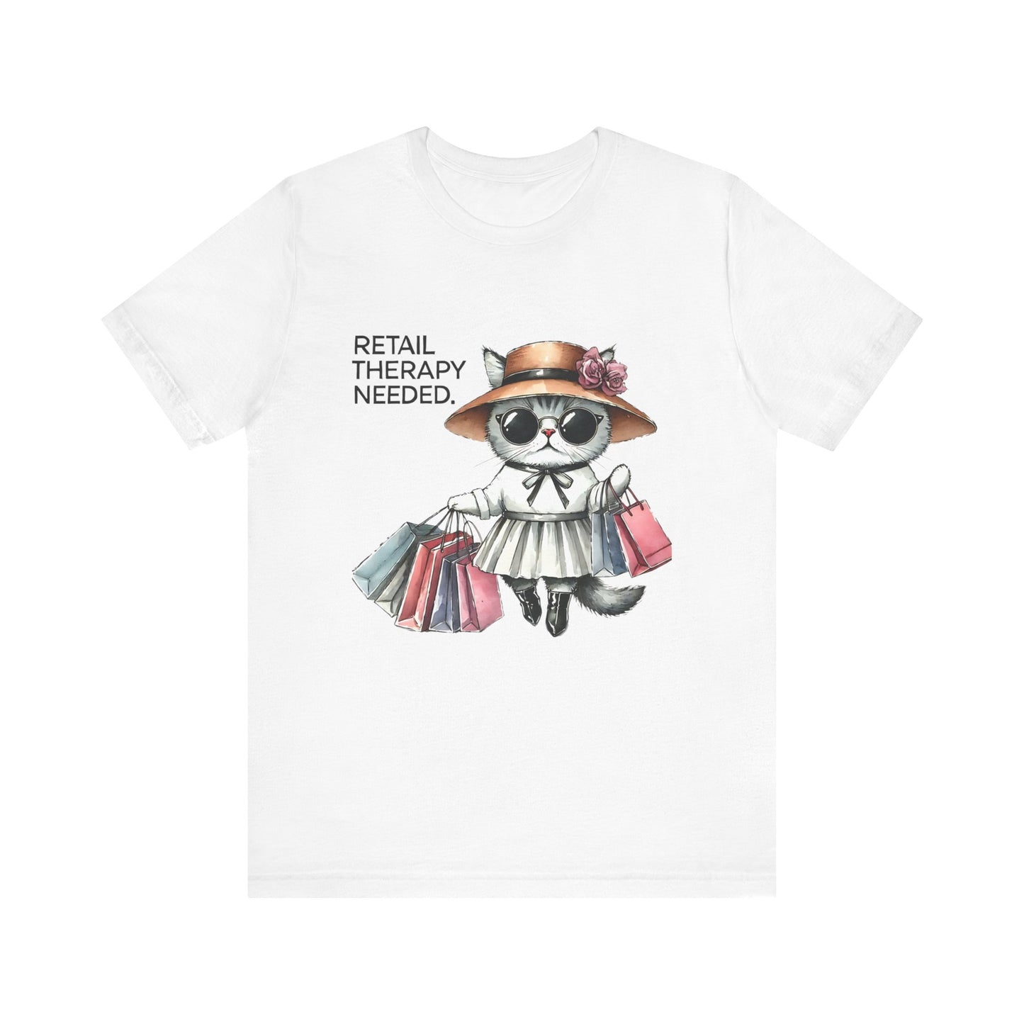 Retail Therapy Cat T-Shirt | Cute Unisex Jersey Tee for Shopping Lovers