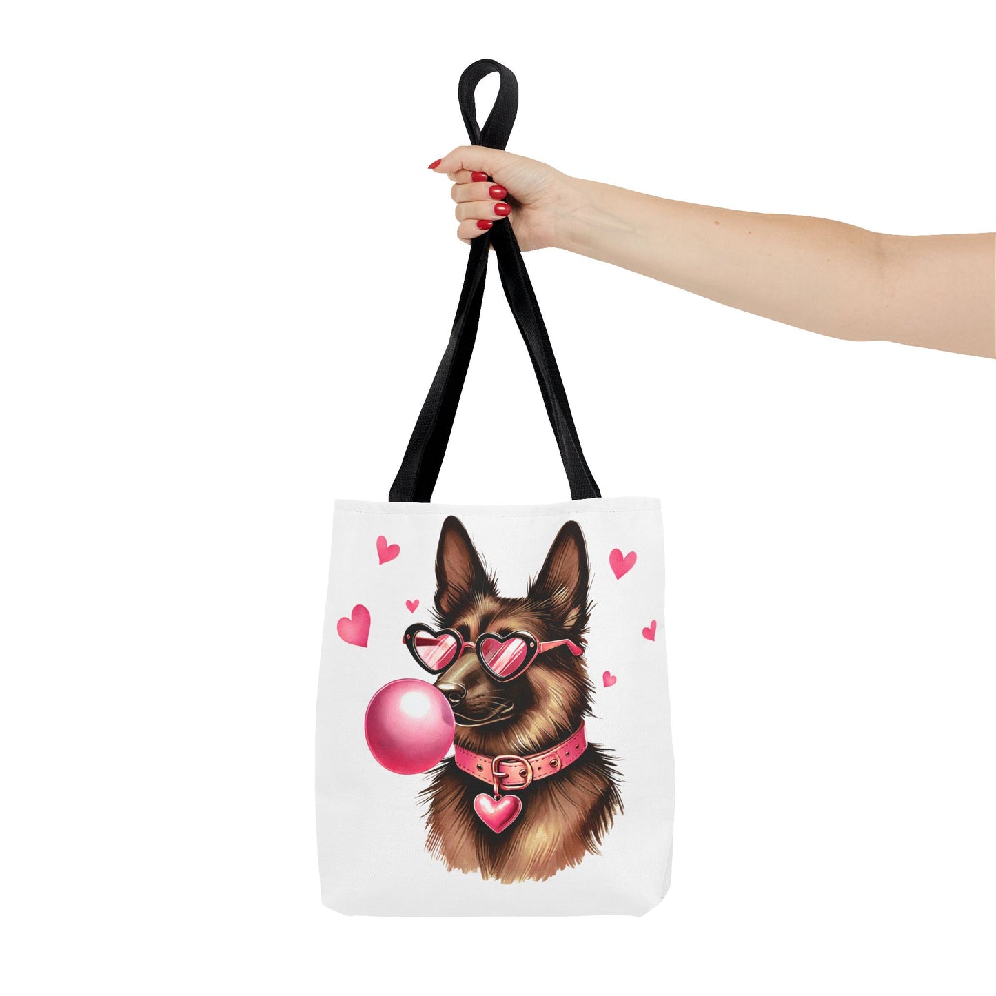 Cute German Shepherd Dog Valentine Tote Bag with Heart Sunglasses & Bubble Gum