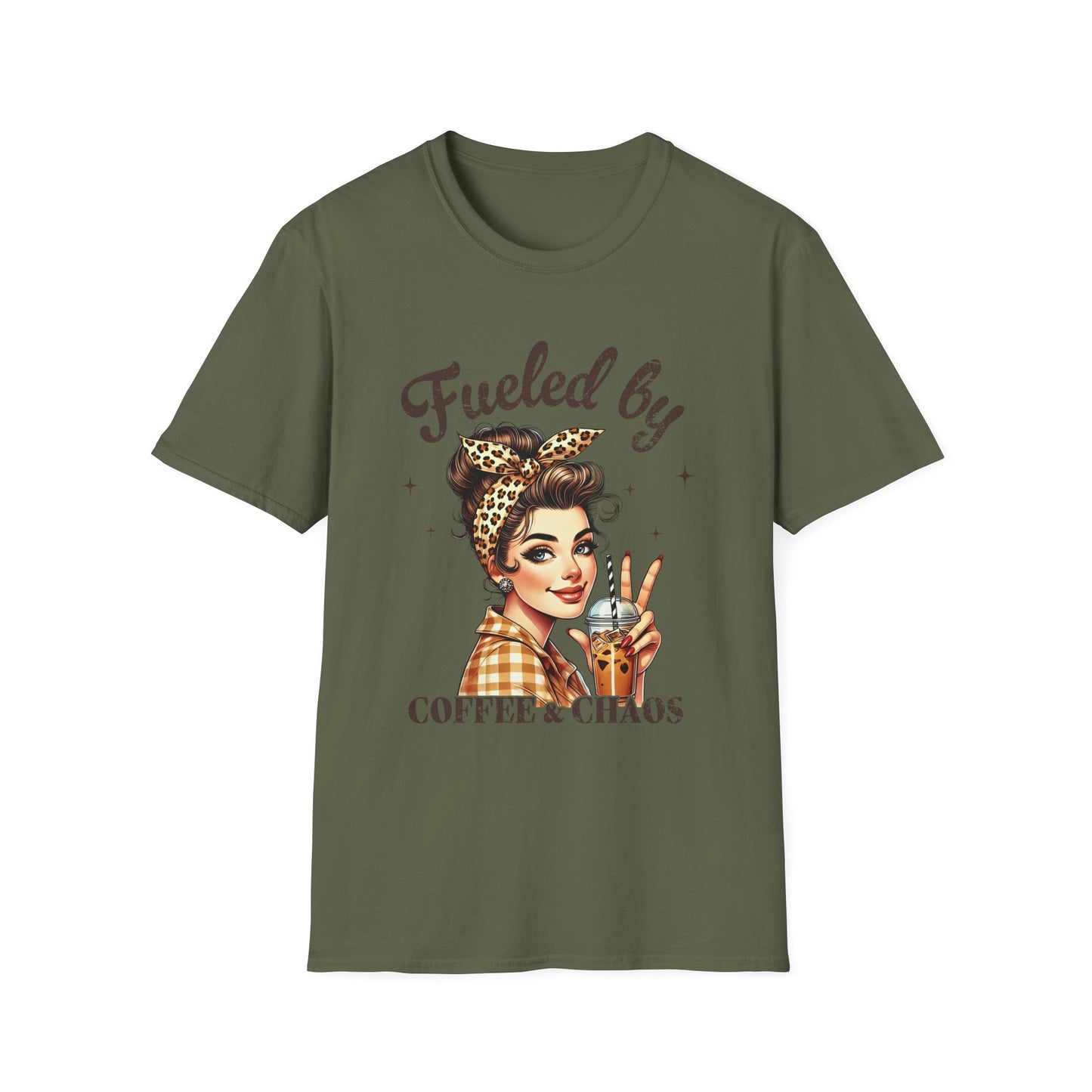 Fueled by Coffee & Chaos T-Shirt — Retro Rosie Girl Coffee Lover Tee