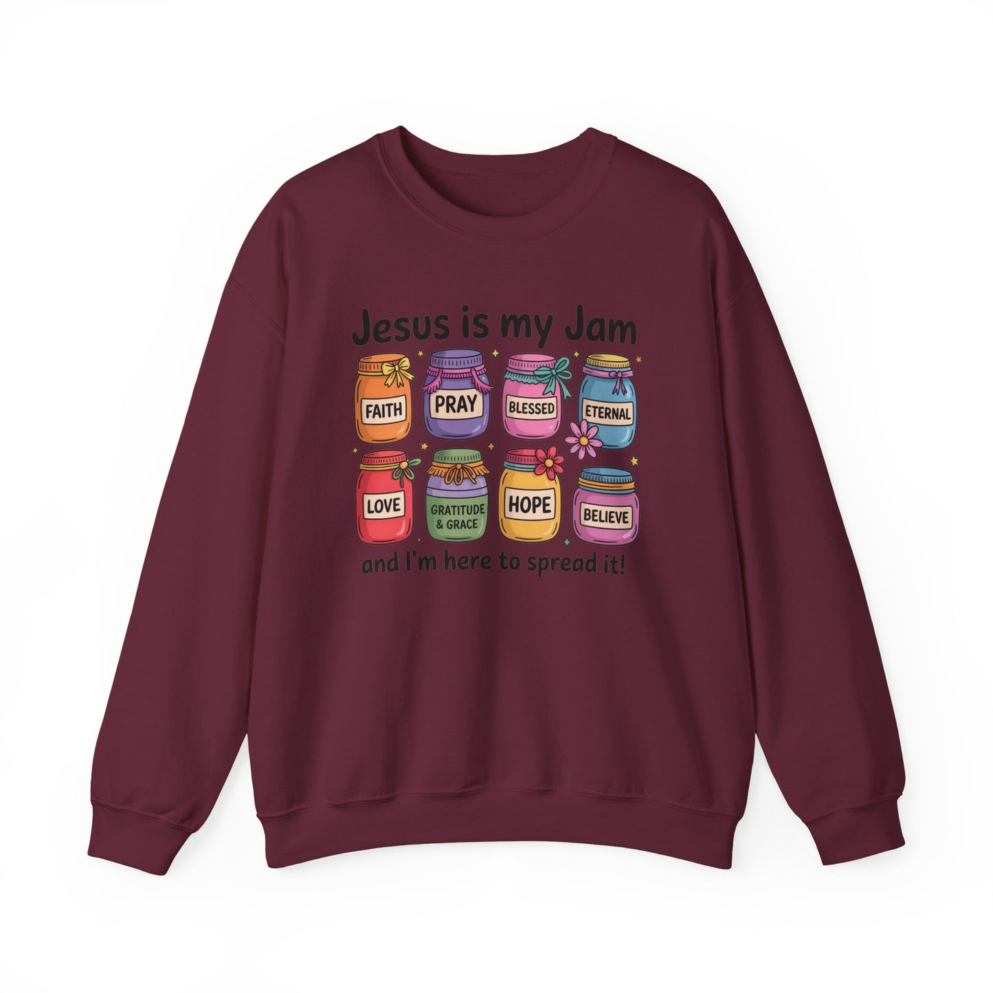 Christian Crewneck Sweatshirt — "Jesus is My Jam" Jam Jars Design