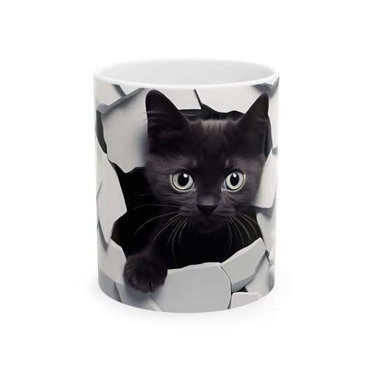 Cracked Wall Cat Mug - 11oz & 15oz Ceramic Drinking Cup for Cat Lovers