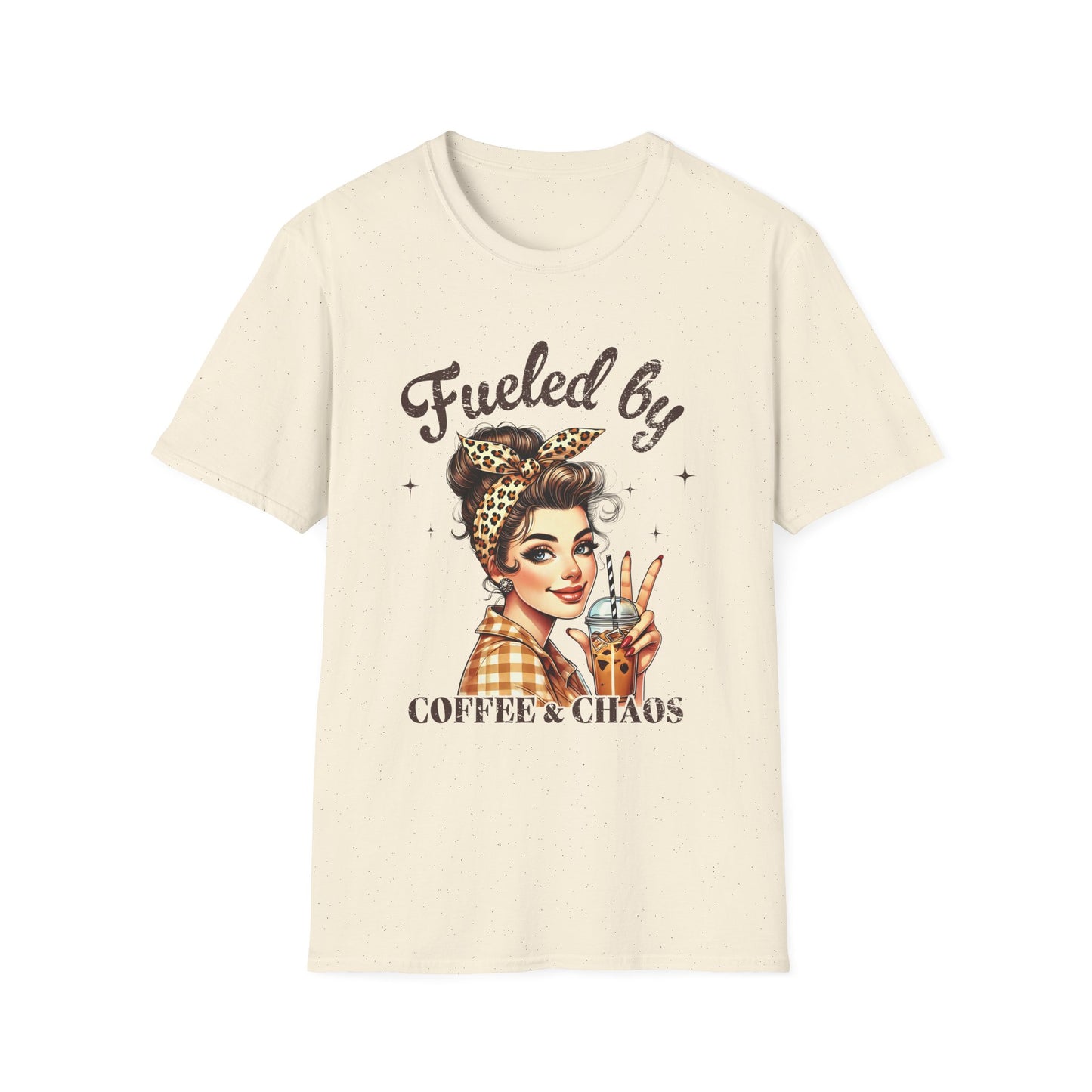 Fueled by Coffee & Chaos T-Shirt — Retro Rosie Girl Coffee Lover Tee