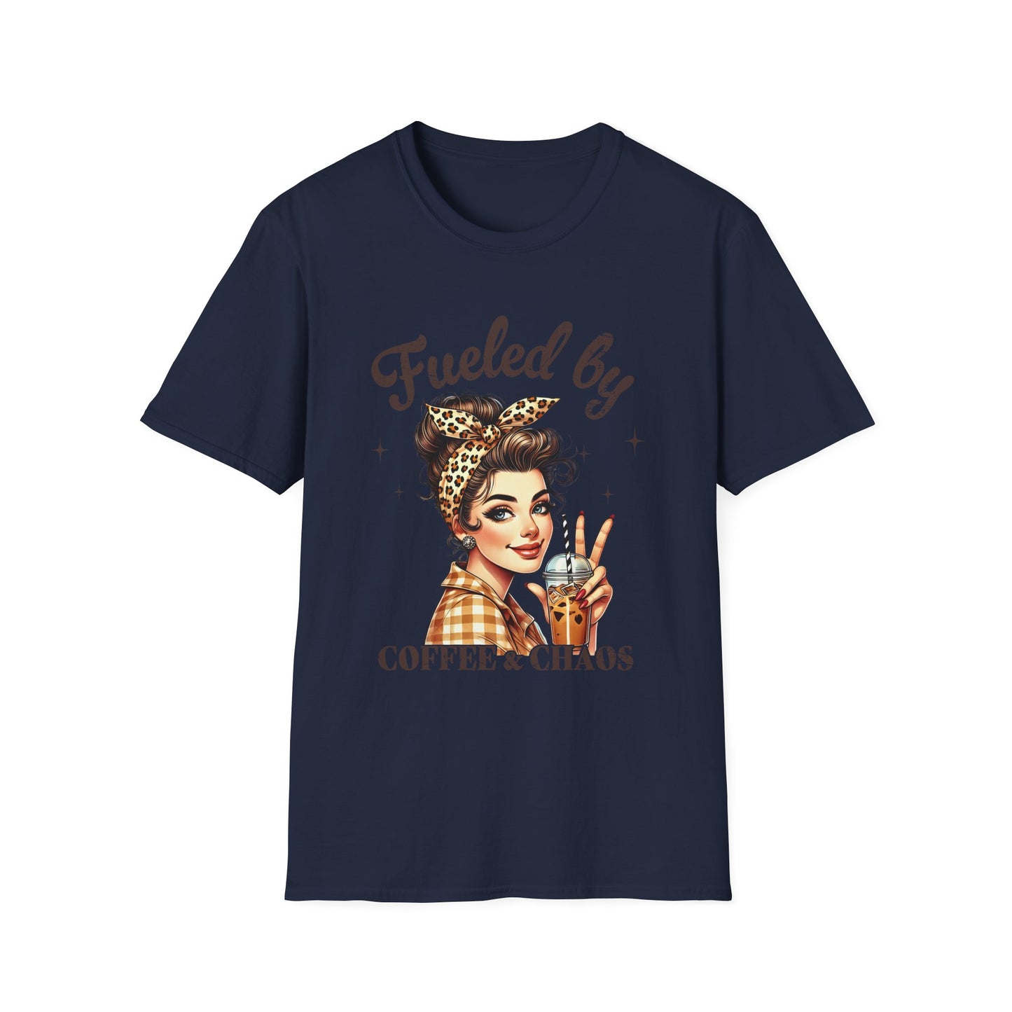 Fueled by Coffee & Chaos T-Shirt — Retro Rosie Girl Coffee Lover Tee