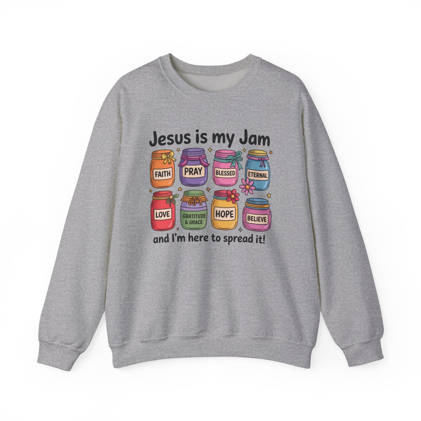 Christian Crewneck Sweatshirt — "Jesus is My Jam" Jam Jars Design