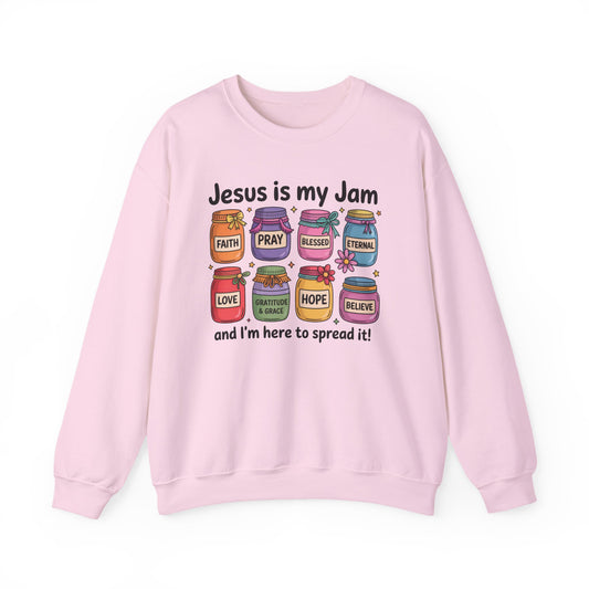 Christian Crewneck Sweatshirt — "Jesus is My Jam" Jam Jars Design