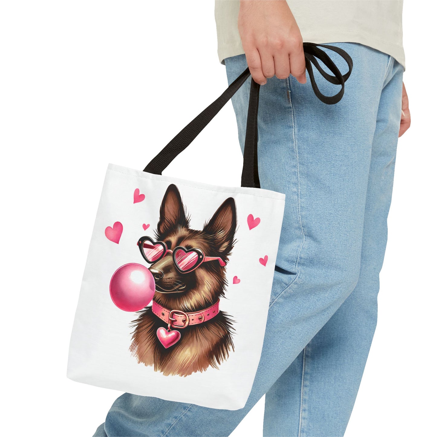 Cute German Shepherd Dog Valentine Tote Bag with Heart Sunglasses & Bubble Gum