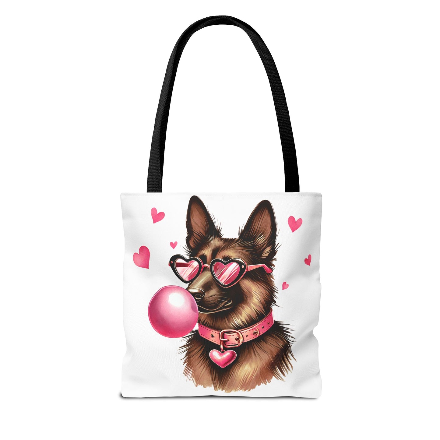 Cute German Shepherd Dog Valentine Tote Bag with Heart Sunglasses & Bubble Gum