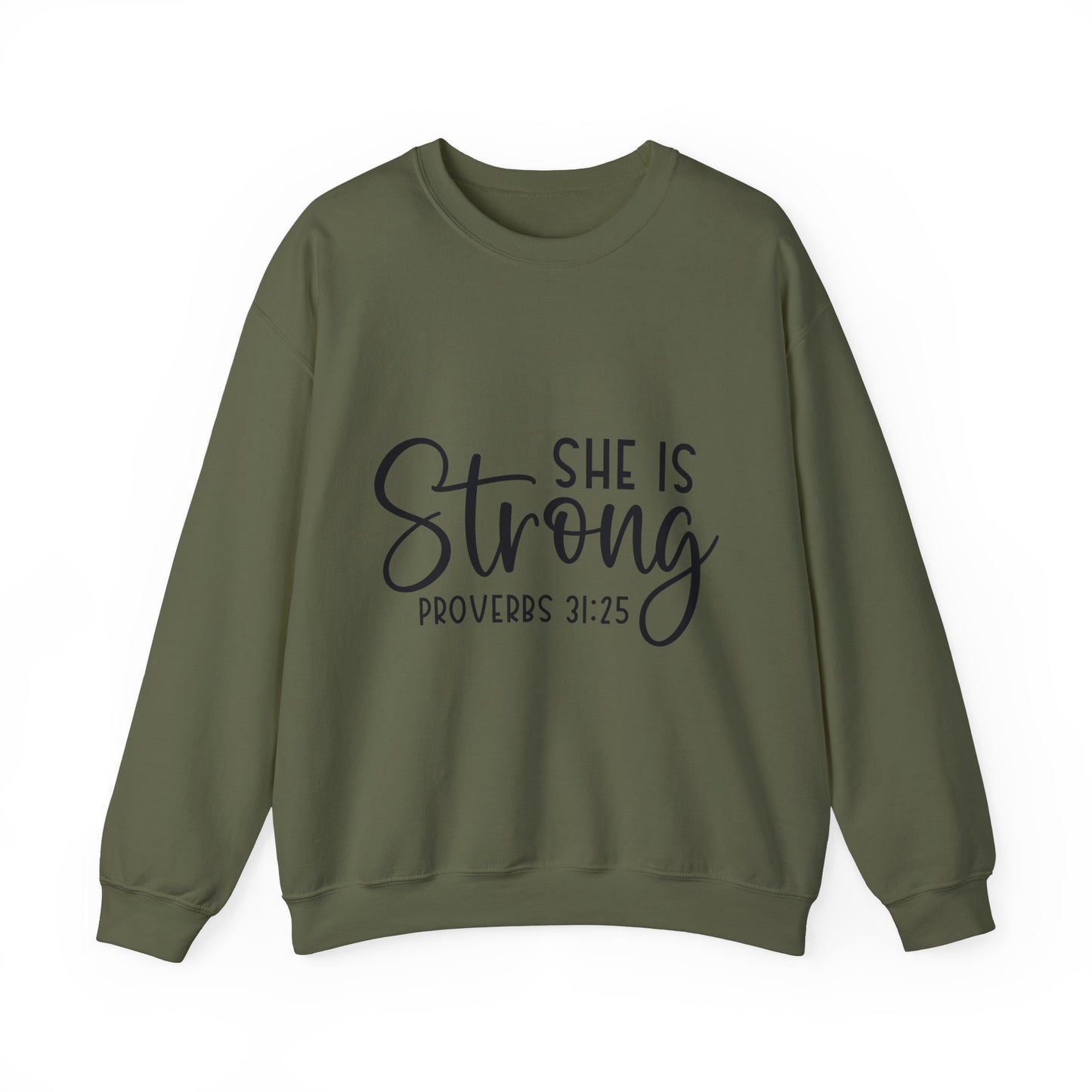 Inspirational Crewneck Sweatshirt - 'She Is Strong' Proverbs 31:25