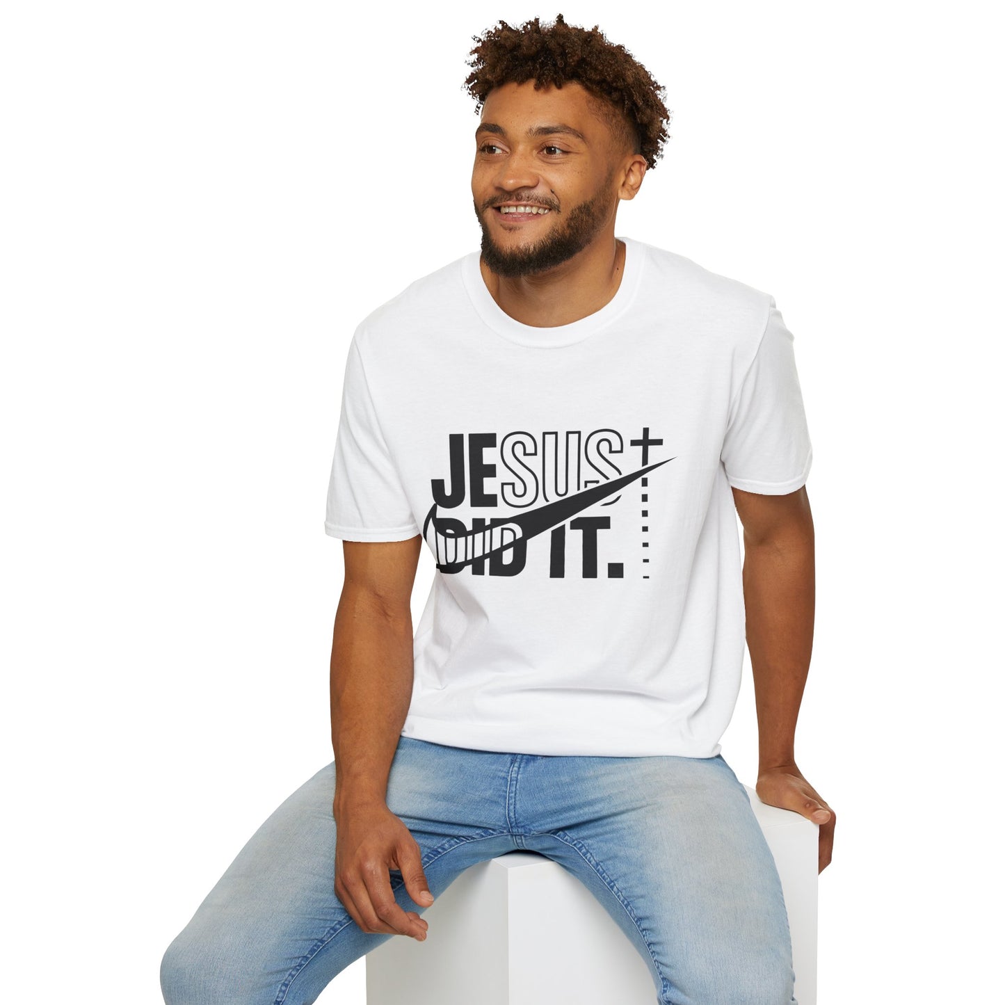 Jesus Did It T-Shirt — Christian Faith Graphic Tee (Jesus + Swoosh Design)