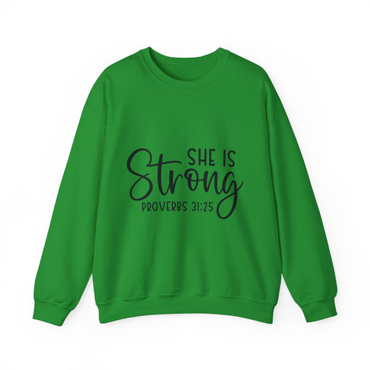 Inspirational Crewneck Sweatshirt - 'She Is Strong' Proverbs 31:25