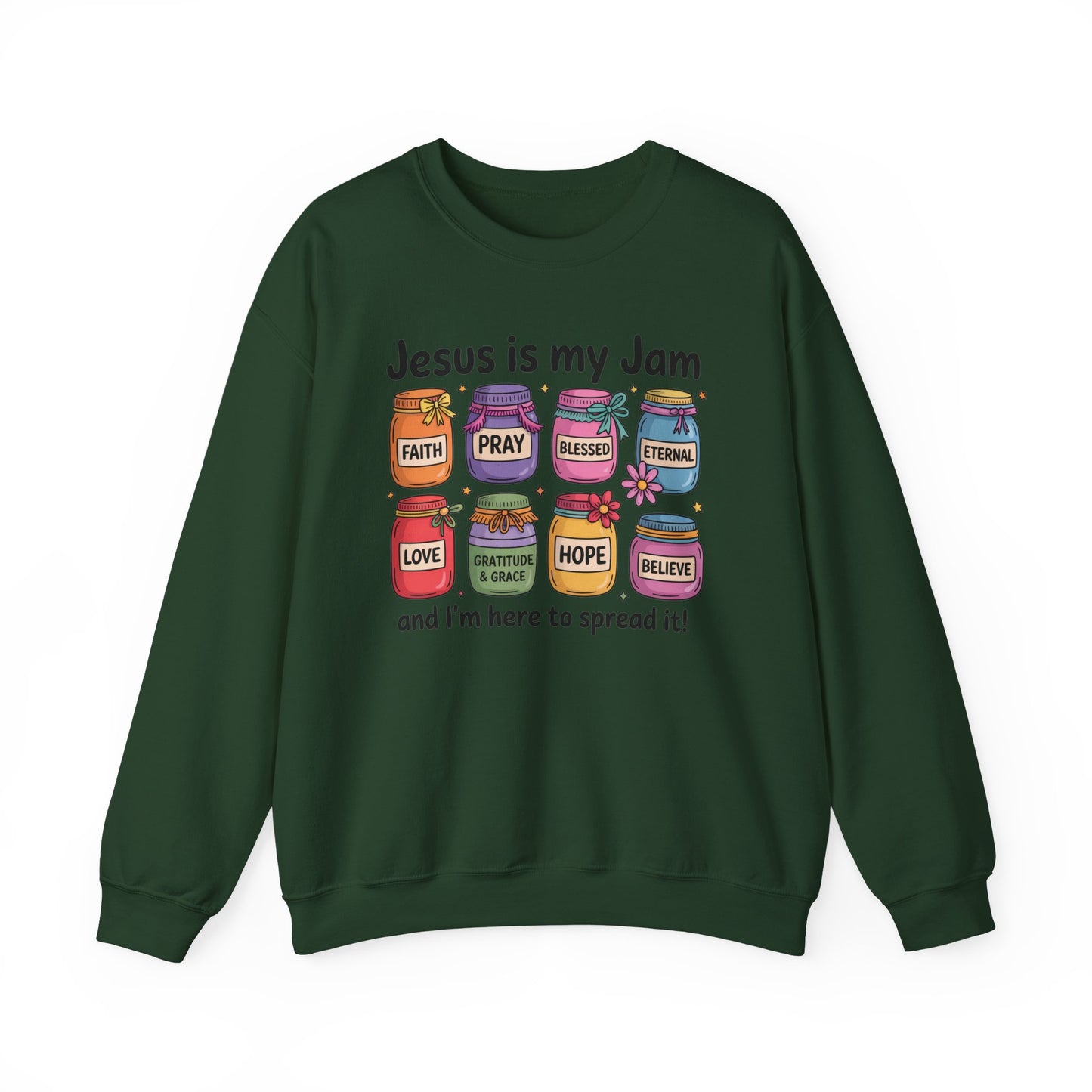 Christian Crewneck Sweatshirt — "Jesus is My Jam" Jam Jars Design