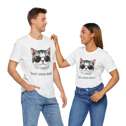 Funny Cat Quote Unisex Jersey Tee - 'Don't Stress Meowt'