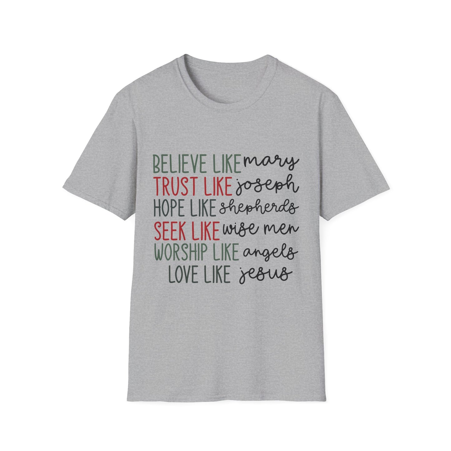 Believe, Trust, Hope Christian T-Shirt — "Believe like Mary, Trust like Joseph" Inspirational Faith Tee