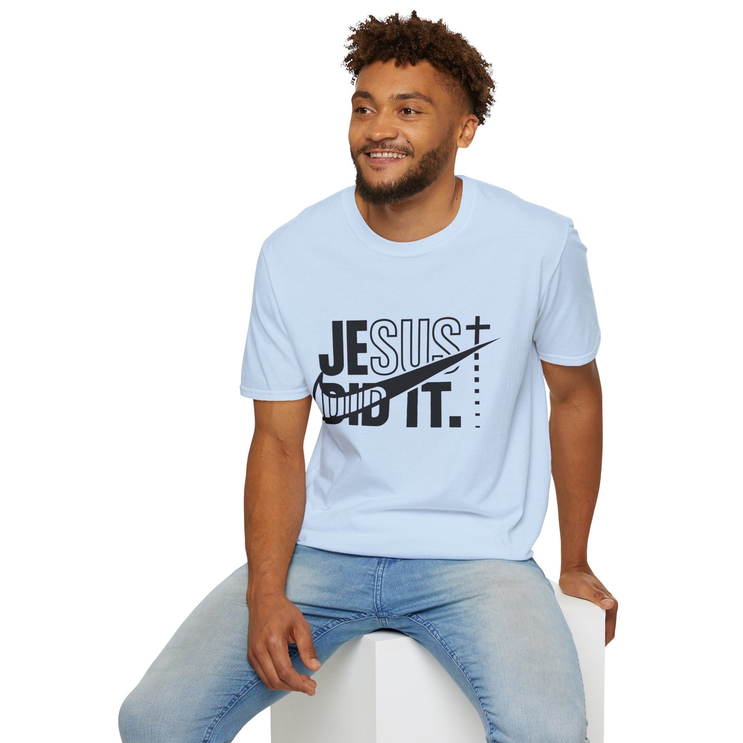 Jesus Did It T-Shirt — Christian Faith Graphic Tee (Jesus + Swoosh Design)
