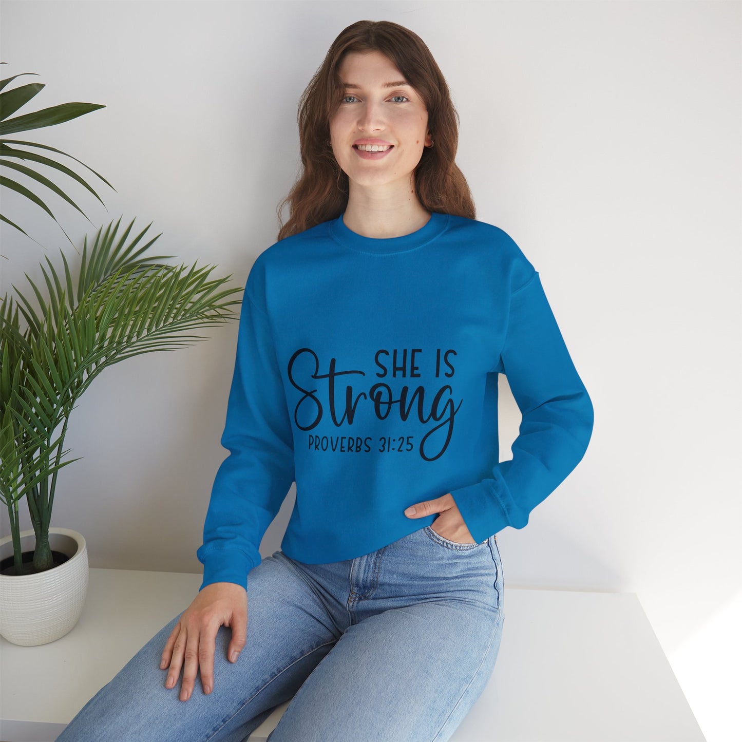 Inspirational Crewneck Sweatshirt - 'She Is Strong' Proverbs 31:25