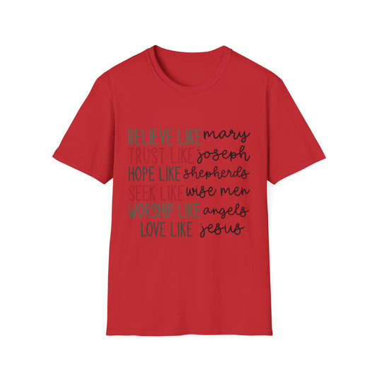 Believe, Trust, Hope Christian T-Shirt — "Believe like Mary, Trust like Joseph" Inspirational Faith Tee