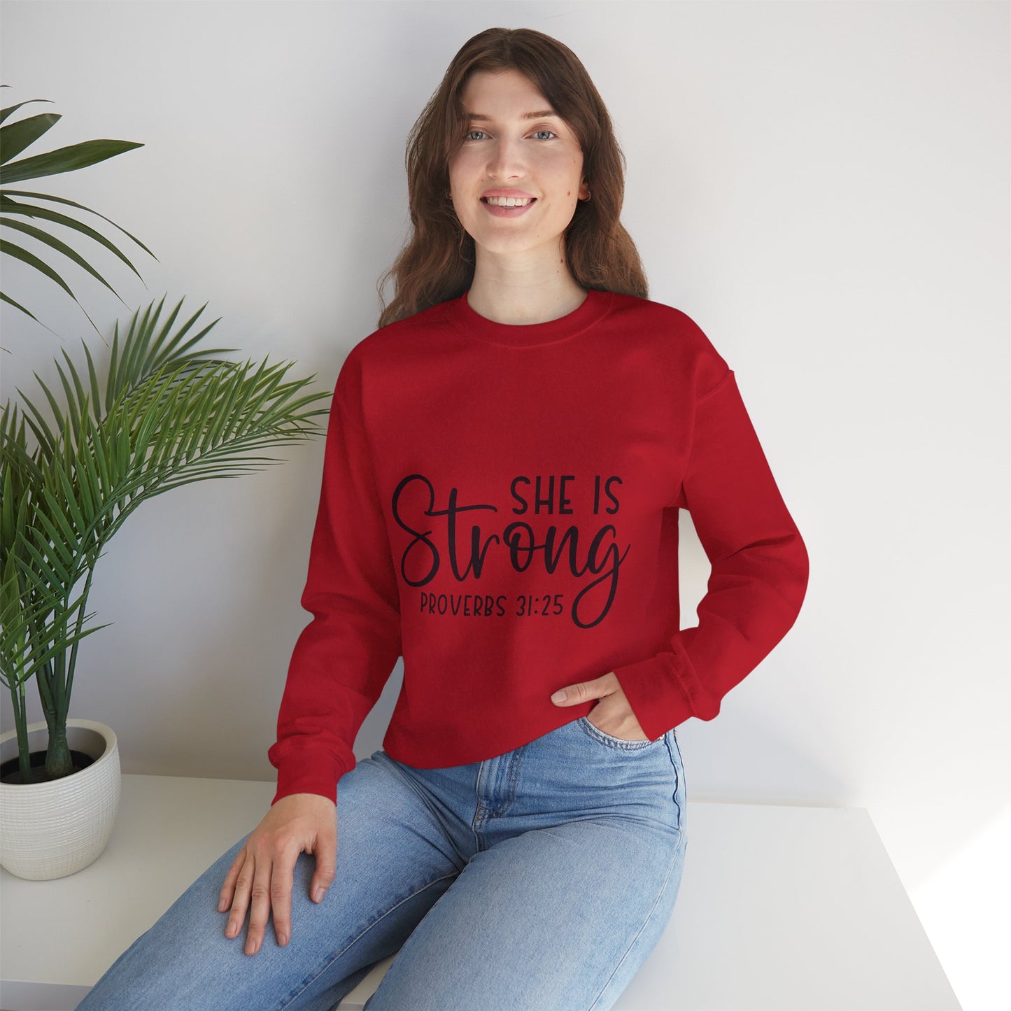 Inspirational Crewneck Sweatshirt - 'She Is Strong' Proverbs 31:25