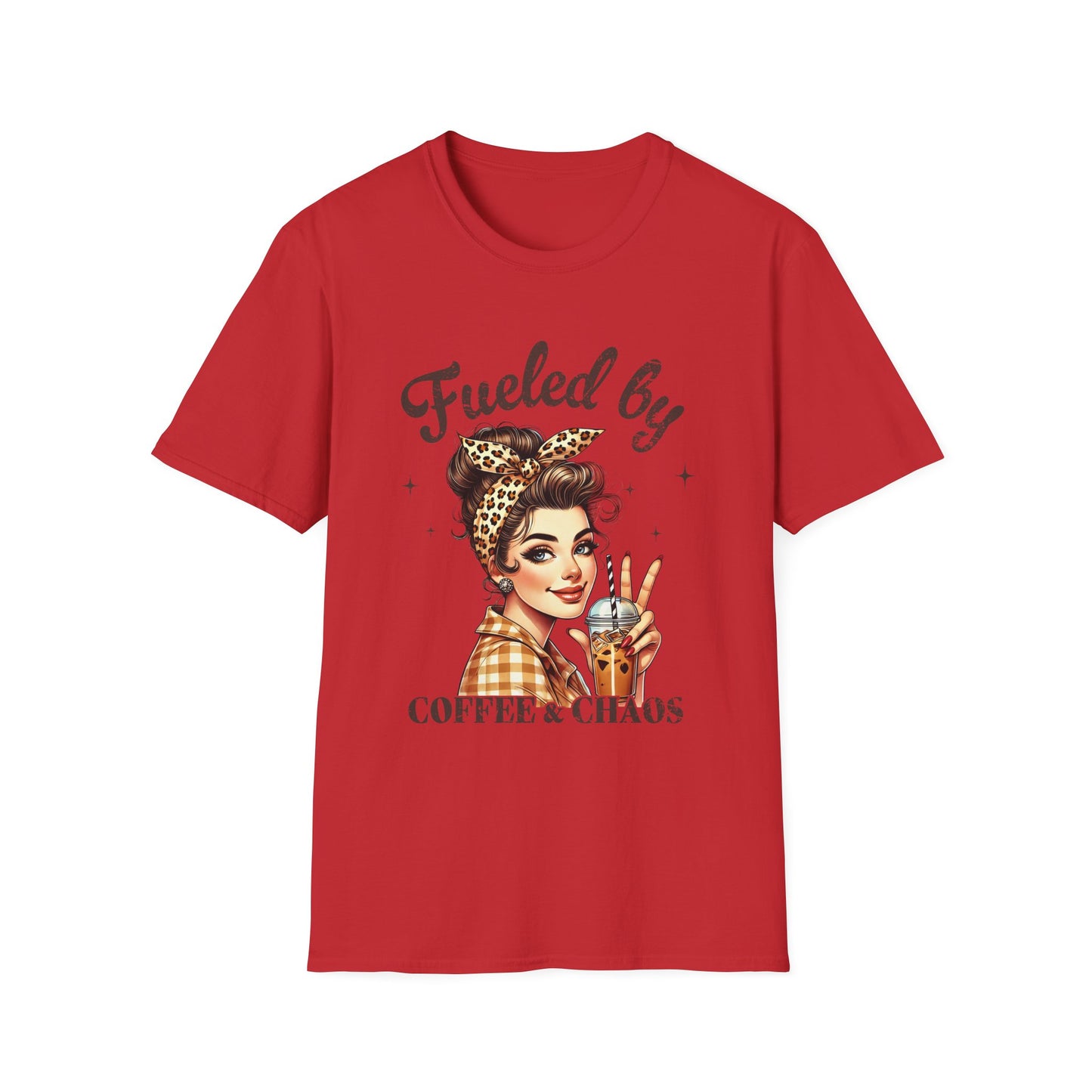 Fueled by Coffee & Chaos T-Shirt — Retro Rosie Girl Coffee Lover Tee