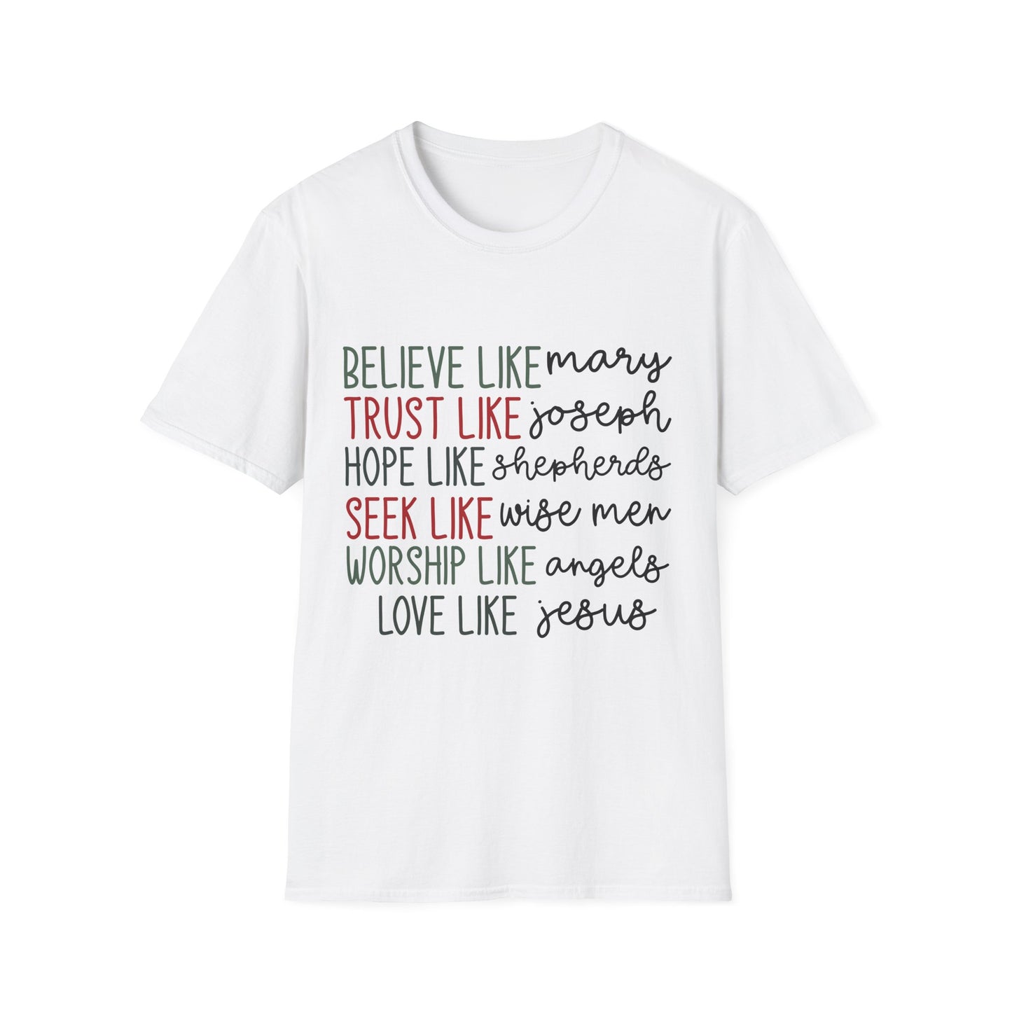 Believe, Trust, Hope Christian T-Shirt — "Believe like Mary, Trust like Joseph" Inspirational Faith Tee