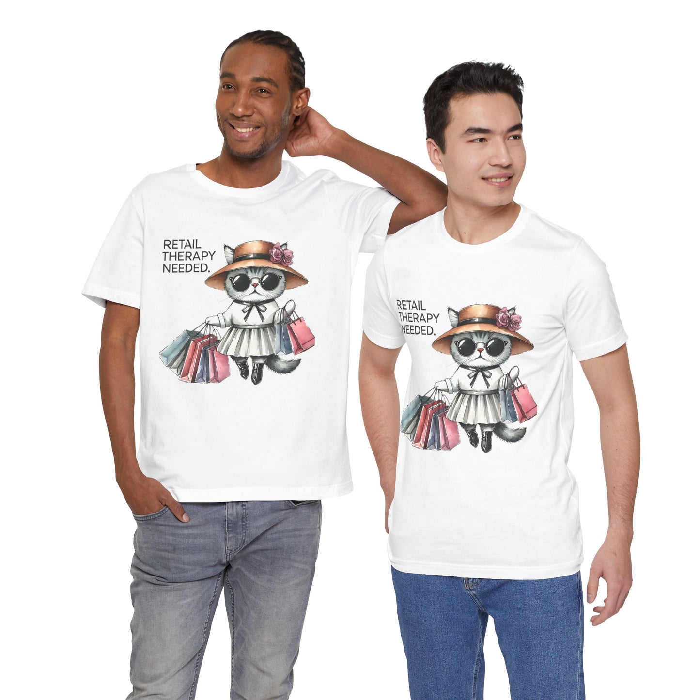 Retail Therapy Cat T-Shirt | Cute Unisex Jersey Tee for Shopping Lovers