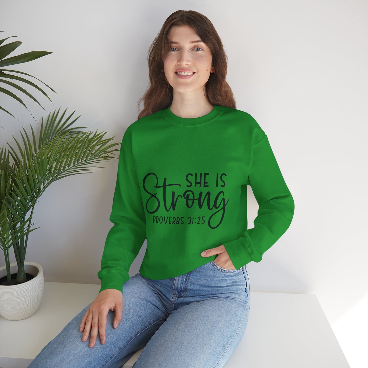 Inspirational Crewneck Sweatshirt - 'She Is Strong' Proverbs 31:25