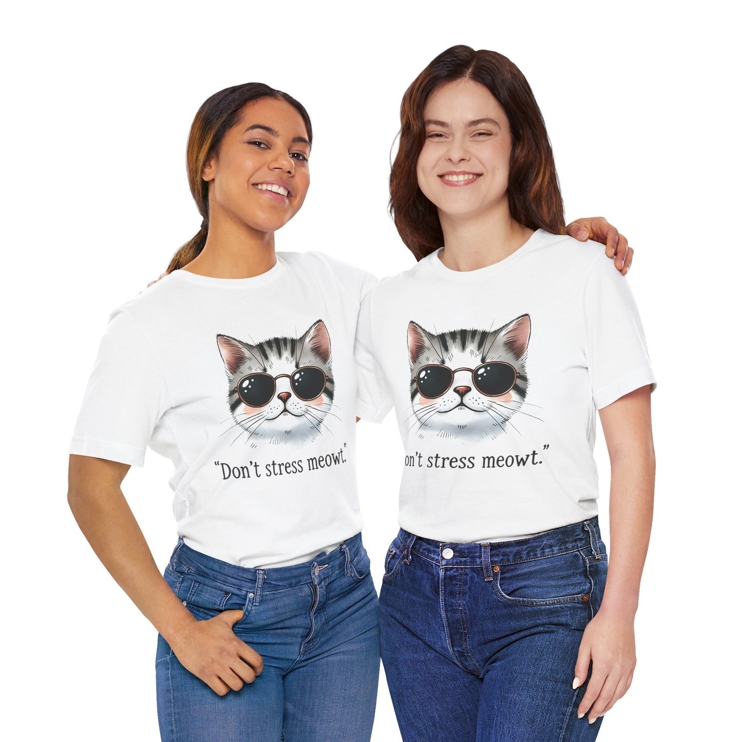Funny Cat Quote Unisex Jersey Tee - 'Don't Stress Meowt'