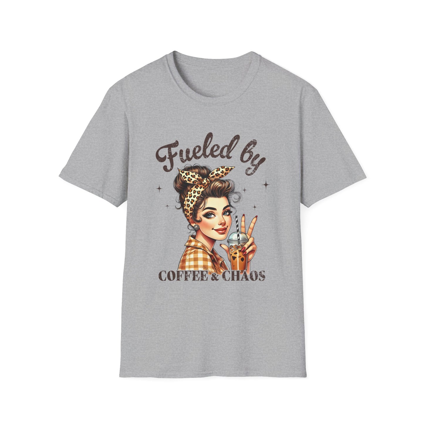 Fueled by Coffee & Chaos T-Shirt — Retro Rosie Girl Coffee Lover Tee