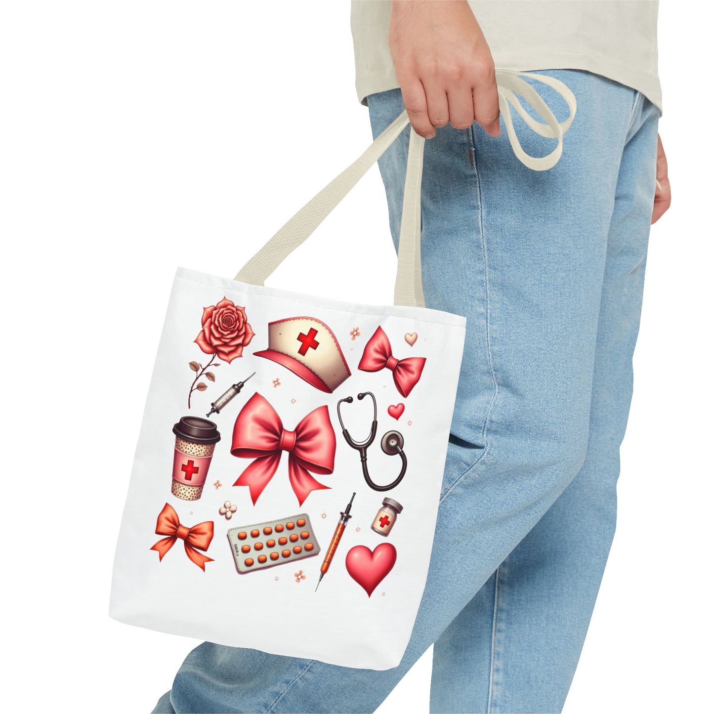 Nurse-Themed Tote Bag with Heart and Medical Designs