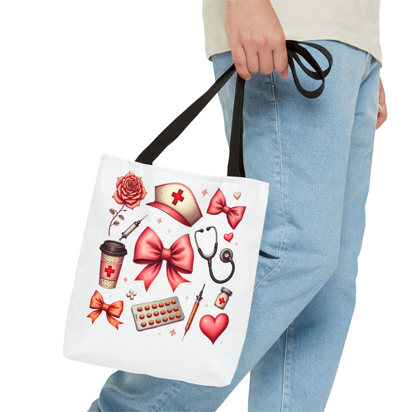 Nurse-Themed Tote Bag with Heart and Medical Designs